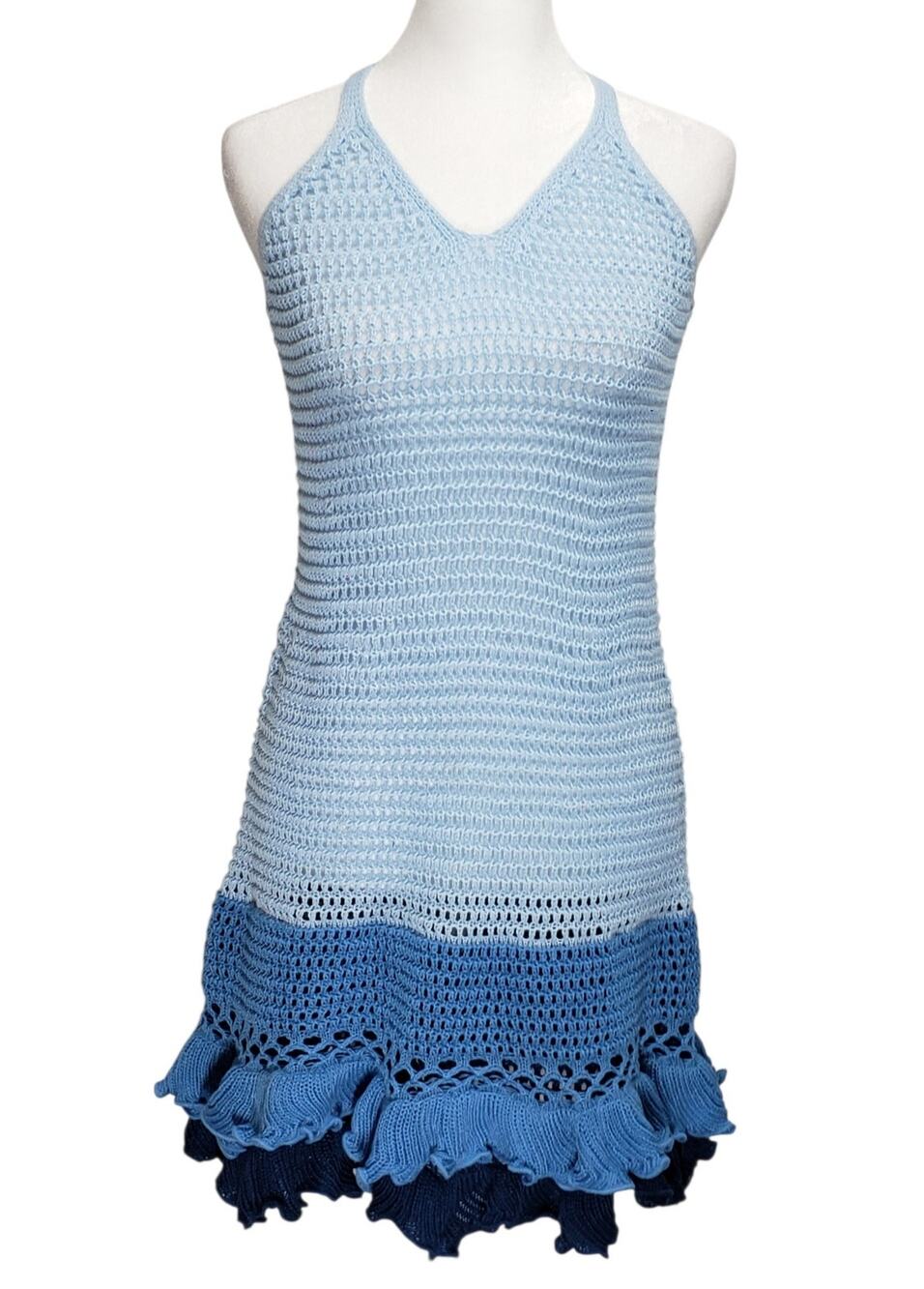 Vintage Ambiance Apparel Y2K Crochet Halter Mini Dress S Ombre Blue Coastal Boho
